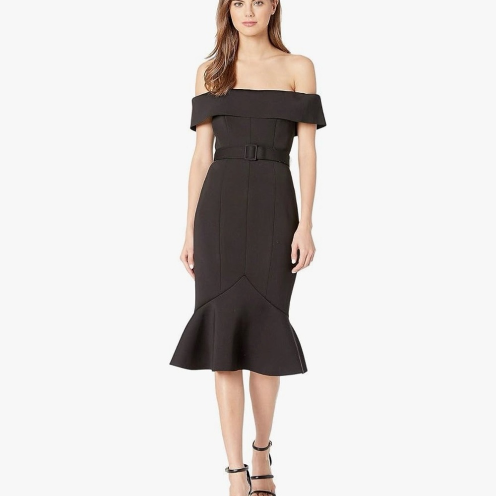 Badgley Mischka Off Shoulder Belted Scuba Dress Black NWT Size 8 - Picture 3 of 14